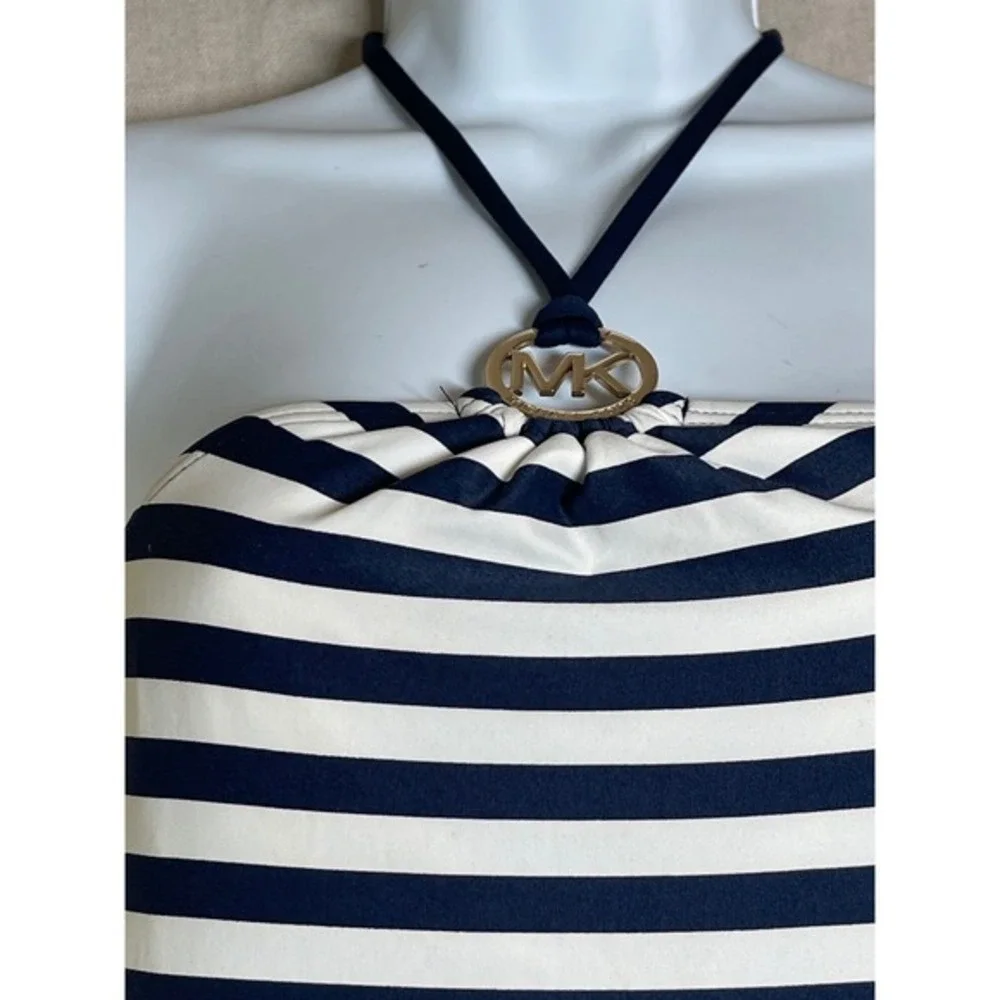 Michael Kors‎ One Piece Swimsuit Navy White Stripe Halter MK Logo Size 8